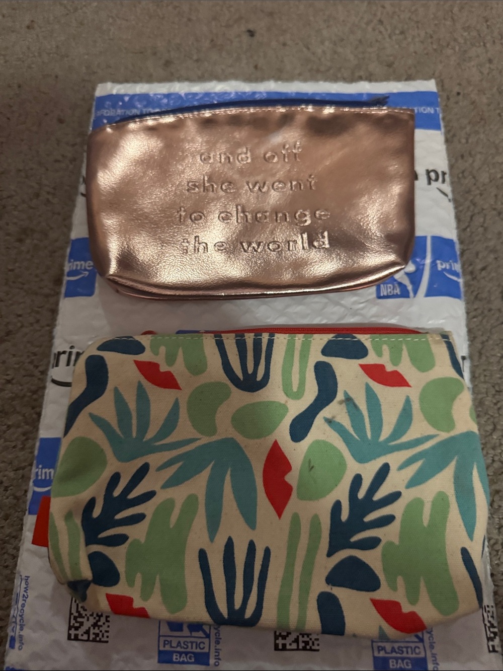 ipsy Rose Gold Metallic Cosmetic Bag & Multicolor Leaf Print Pouch